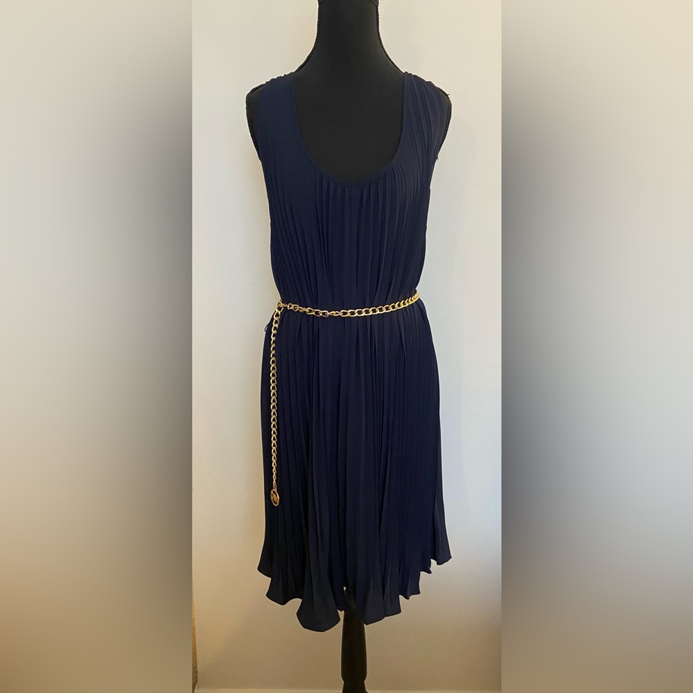 Michael Kors Navy Blue Dress with Gold Chain Belt Large
